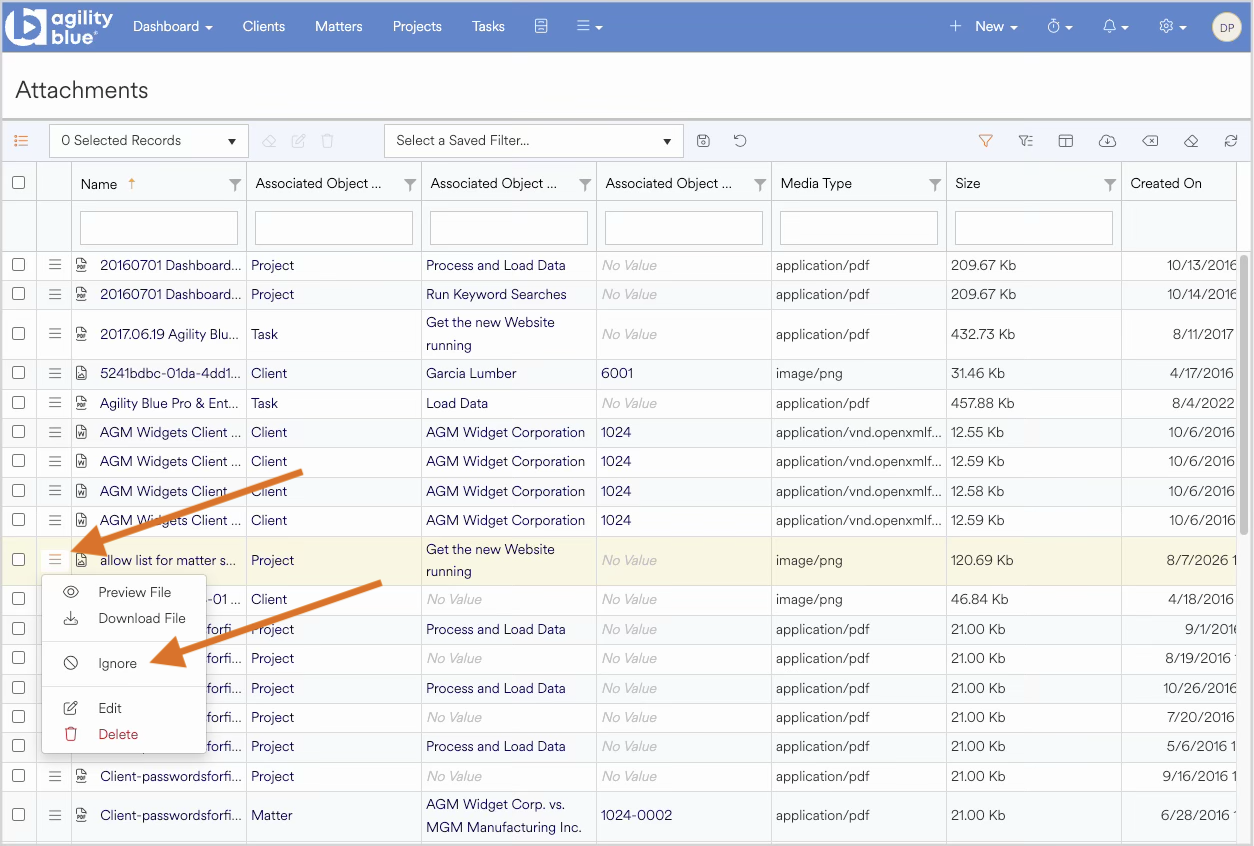 List of attachments with options to preview, download, and ignore files.